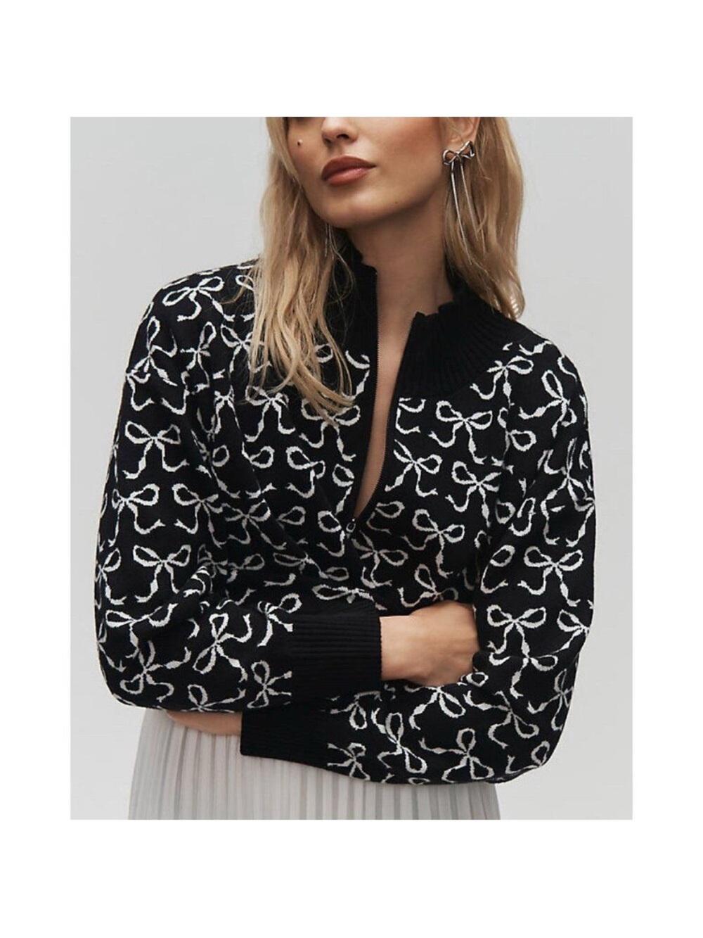 Maeve Montana Black White Bow Pattern Half Zip Knit Pullover Small Petite